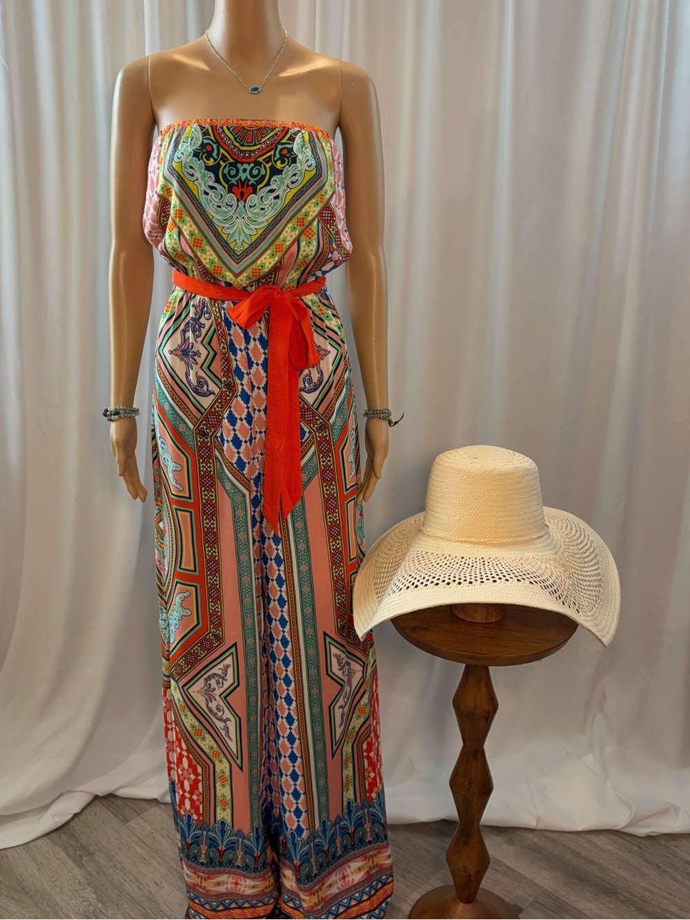 Flying Tomato Strapless Scarf Print Wide-Leg Jumpsuit | Boho Resort | Size M